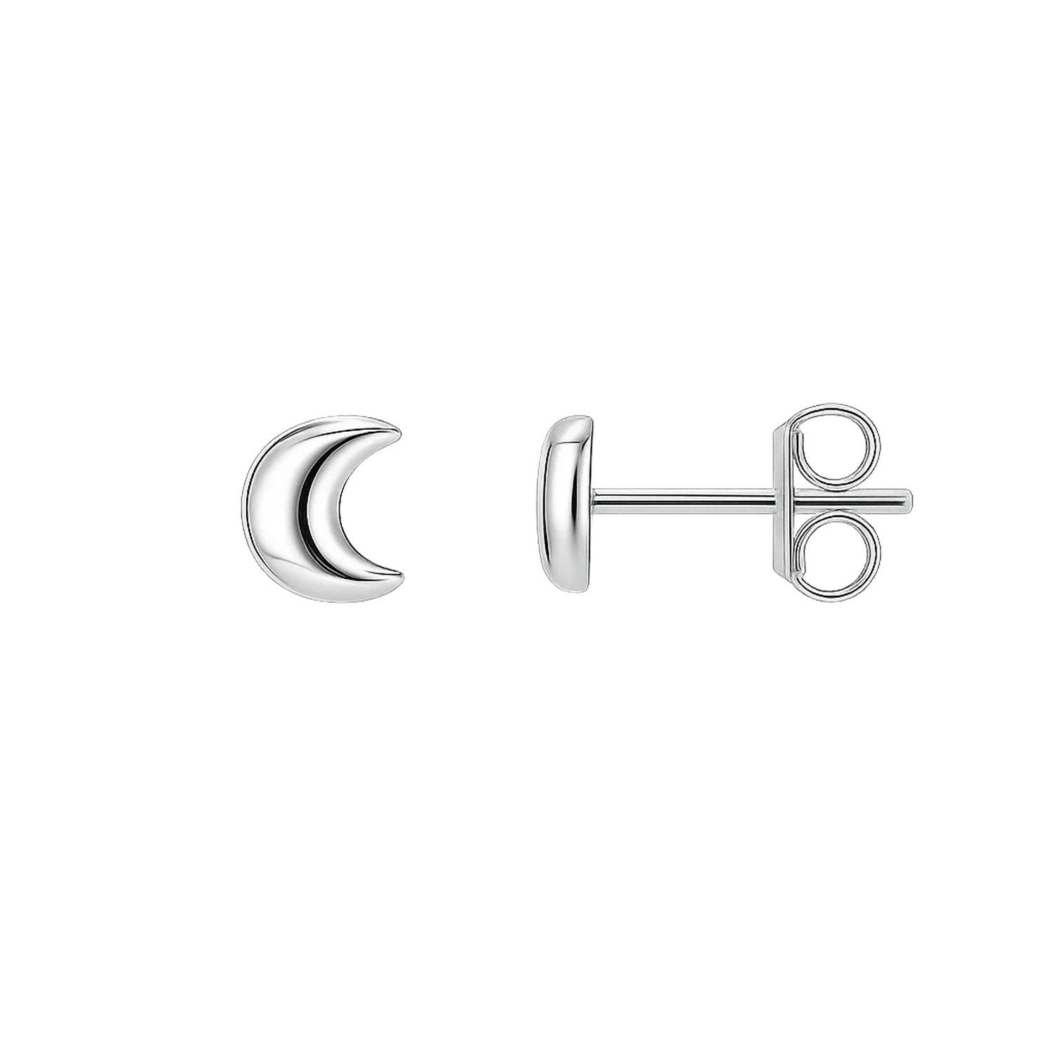 14k White Gold Post Earrings with Moons in a sleek high-contrast midnight luxury editorial style